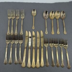 Rogers Stainless Korea Gold Plated Shell 23 Pieces Pavilion Flare Pattern VTG